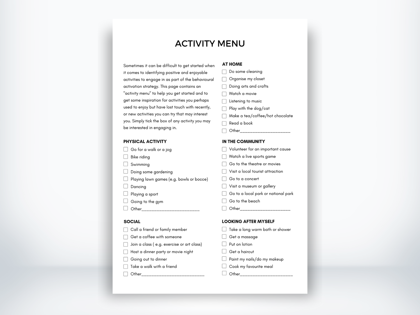 Activity Menu Behavioural Activation PDF