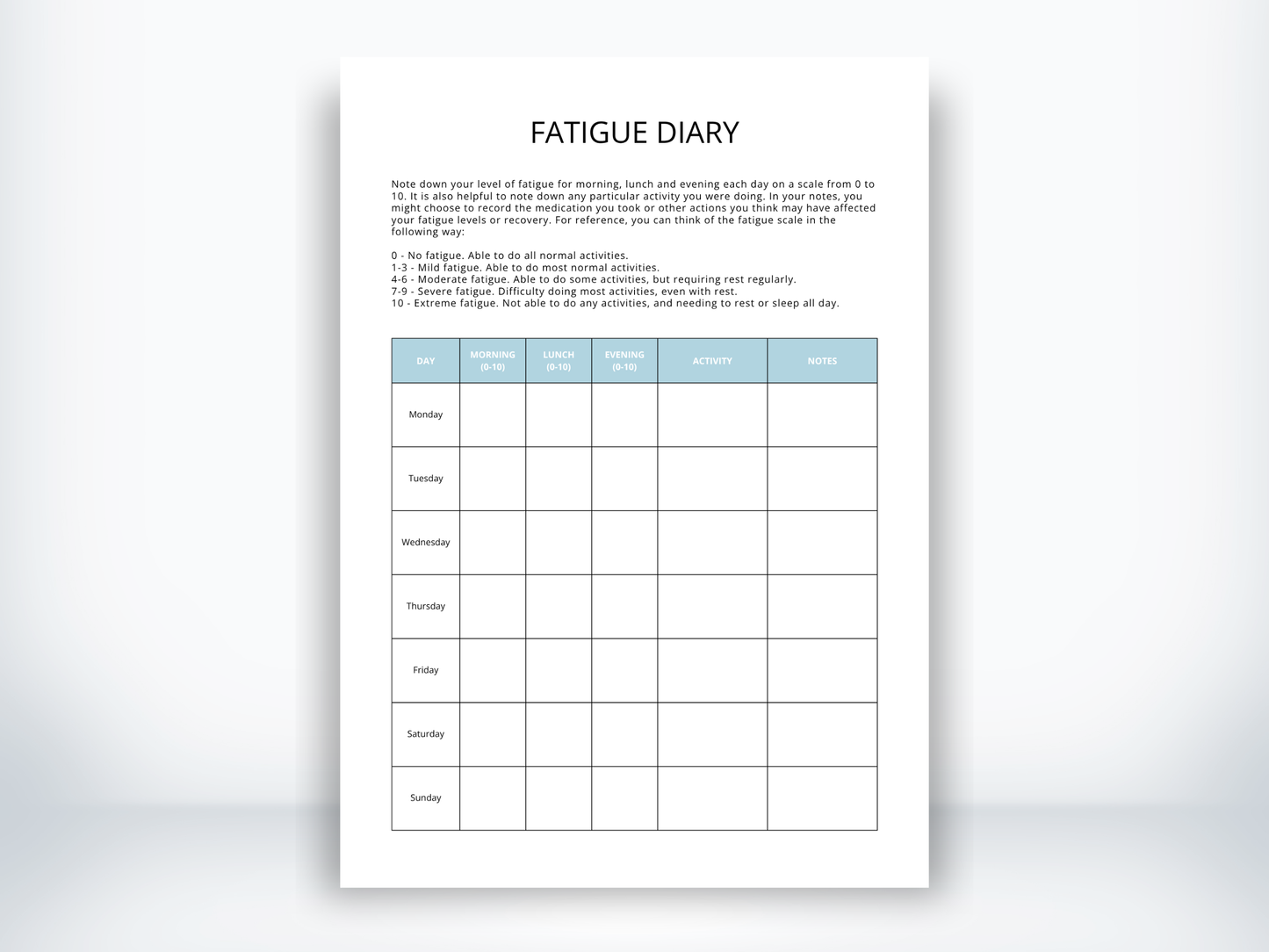 Fatigue Diary Template PDF