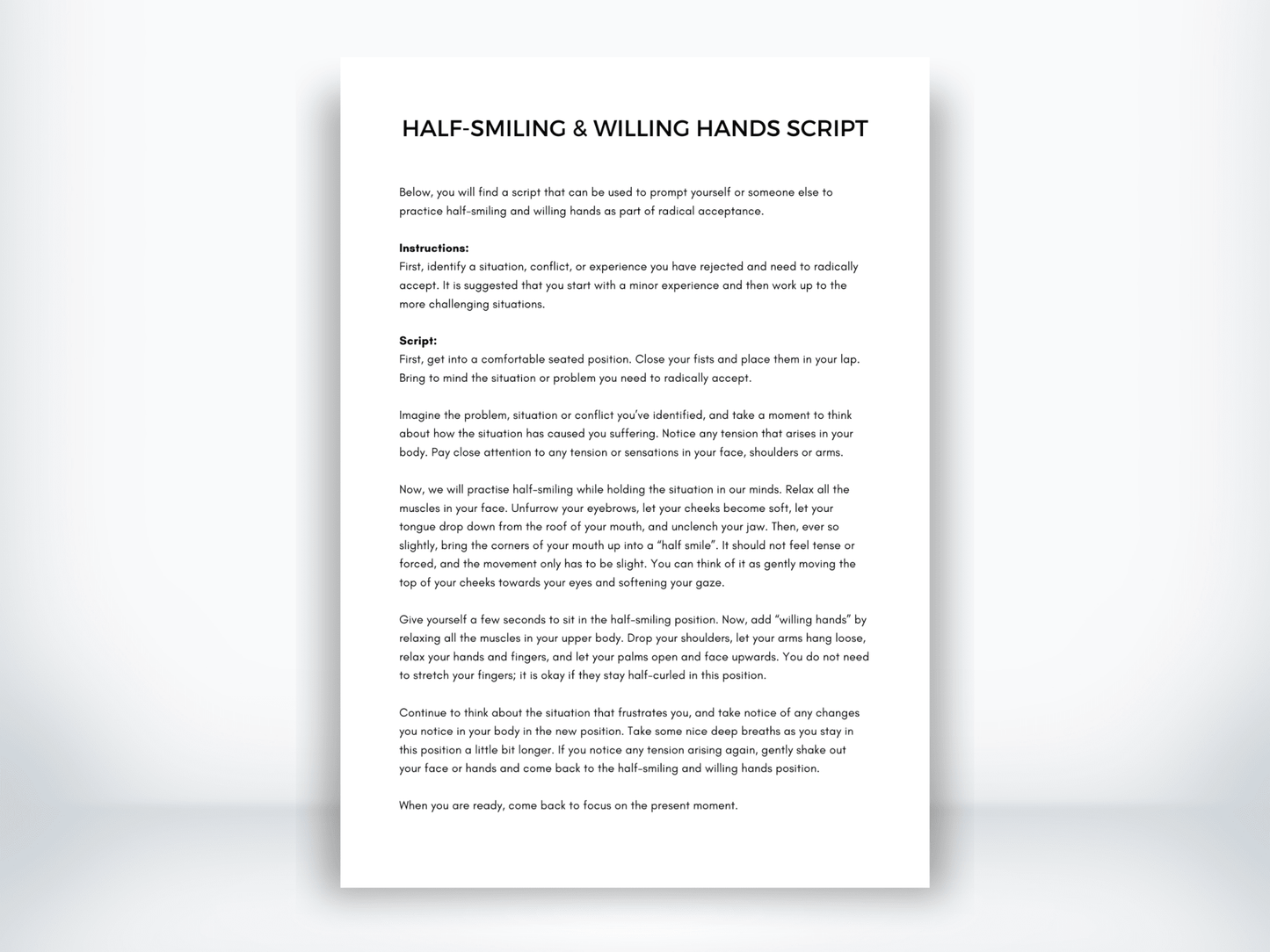 Half - Smiling and Willing Hands Script Radical Acceptance - My Thriving Mind