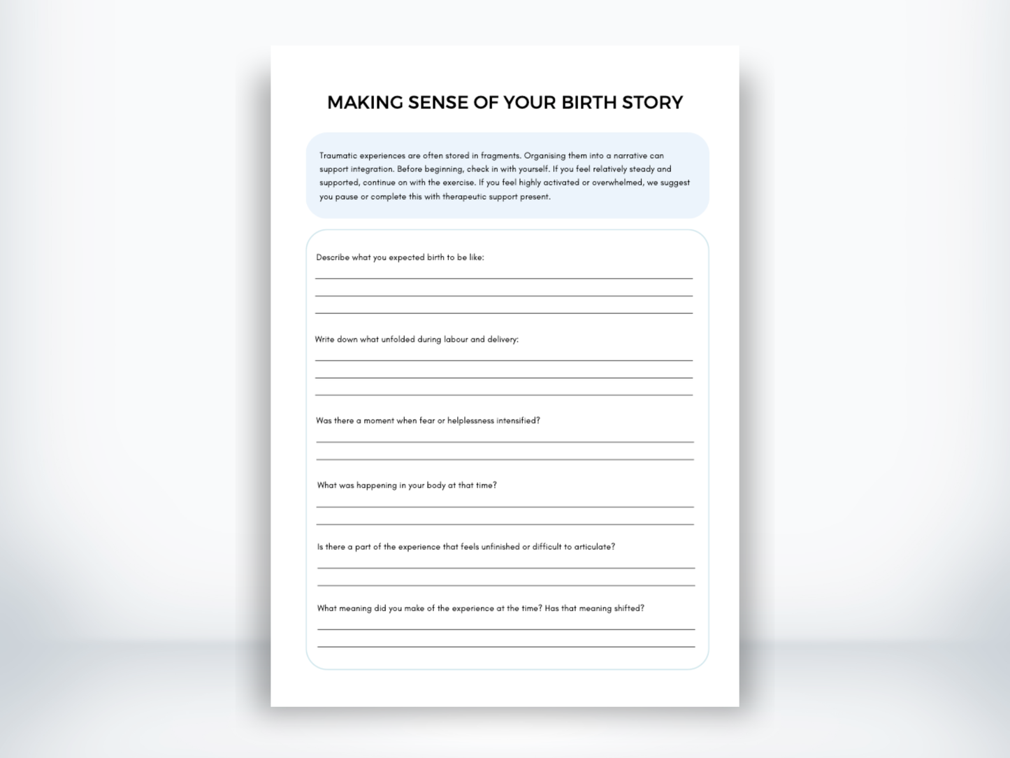 Making Sense Of Your Birth Story Worksheet PDF