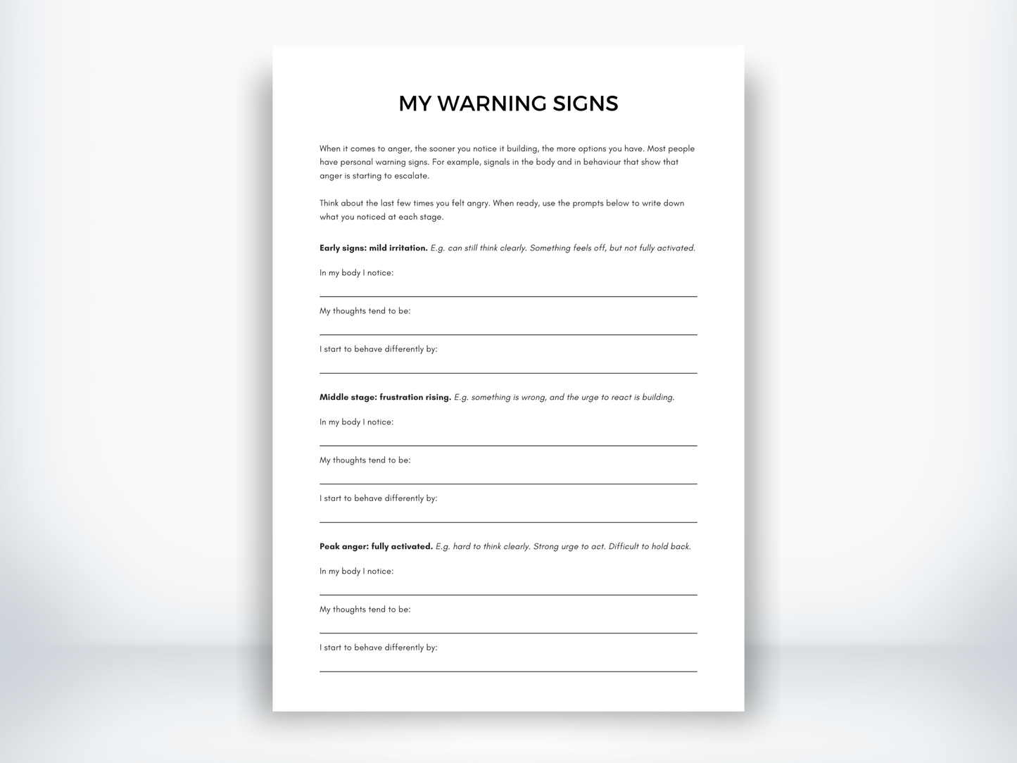My Anger Warning Signs worksheet with body, thought, and behaviour prompts across early, middle, and peak anger stages.