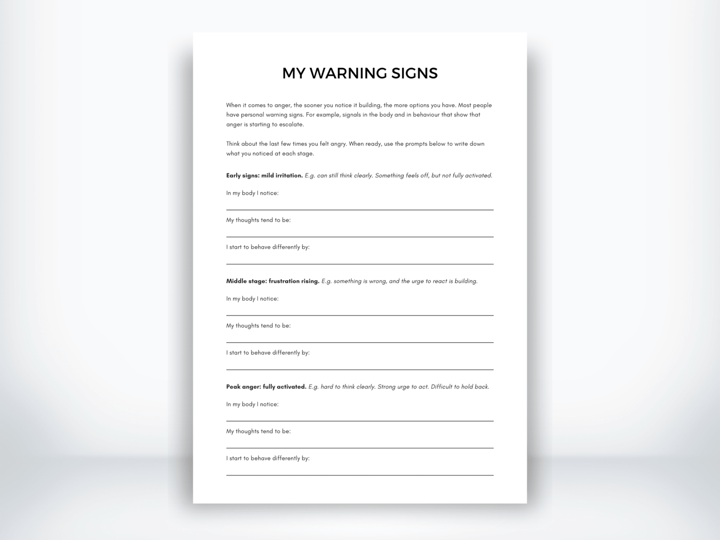 My Anger Warning Signs PDF - My Thriving Mind
