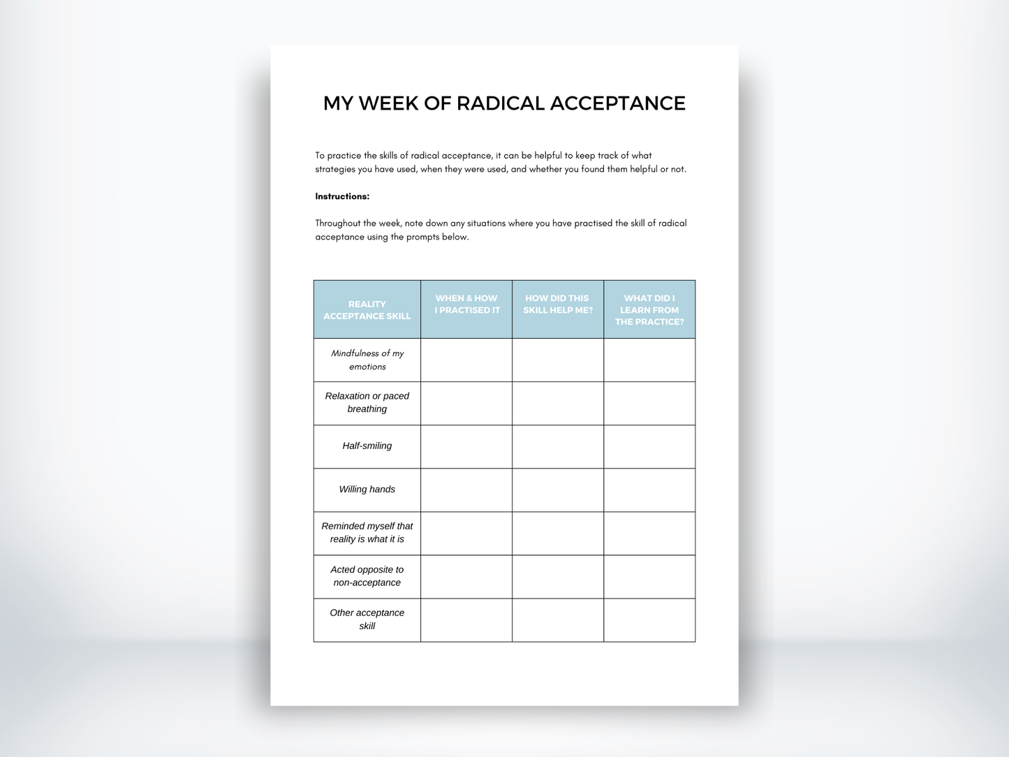 My Week Of Radical Acceptance DBT Worksheet PDF