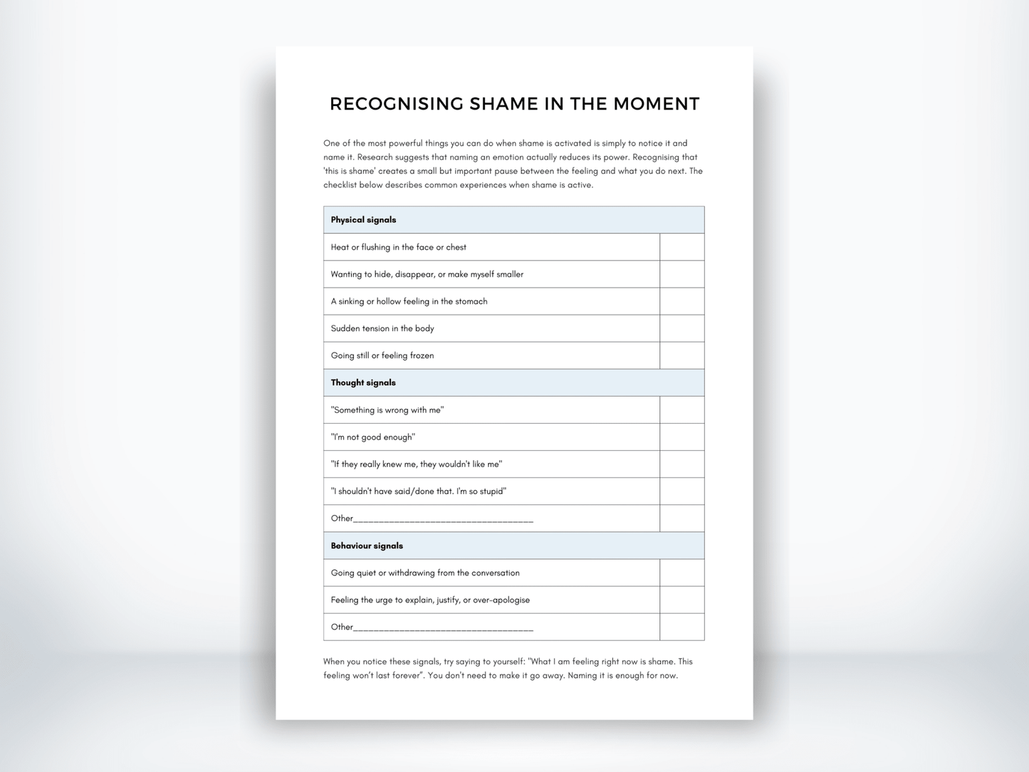 Recognising Shame in the Moment PDF - My Thriving Mind