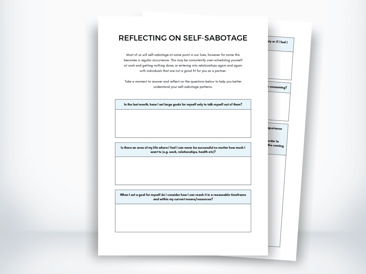 Reflecting On Self-Sabotage Worksheet PDF - My Thriving Mind
