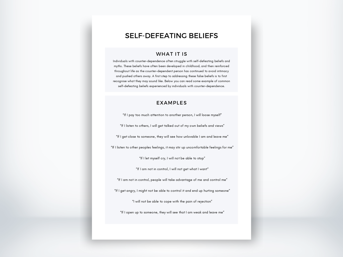 Self-Defeating Beliefs Worksheet PDF