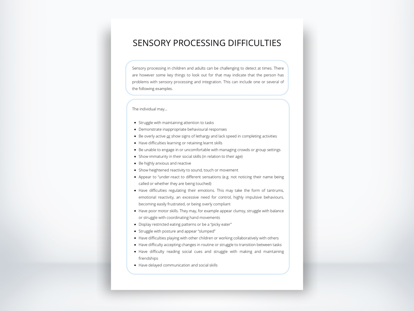 Sensory Processing Difficulties Worksheet PDF