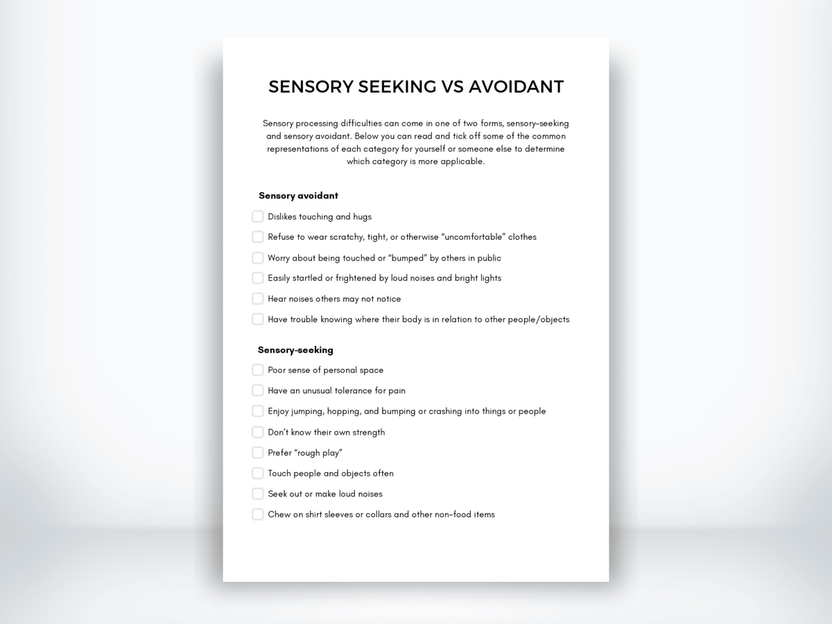 Sensory Seeking vs Avoidant Handout PDF - My Thriving Mind