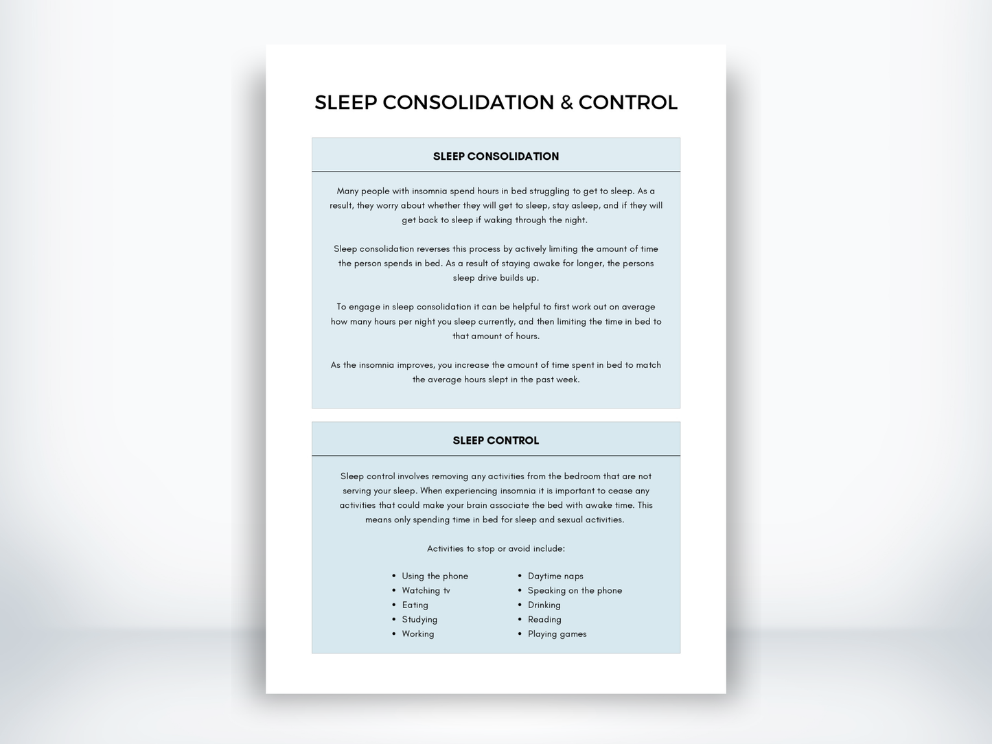 Sleep Consolidation and Control Worksheet PDF