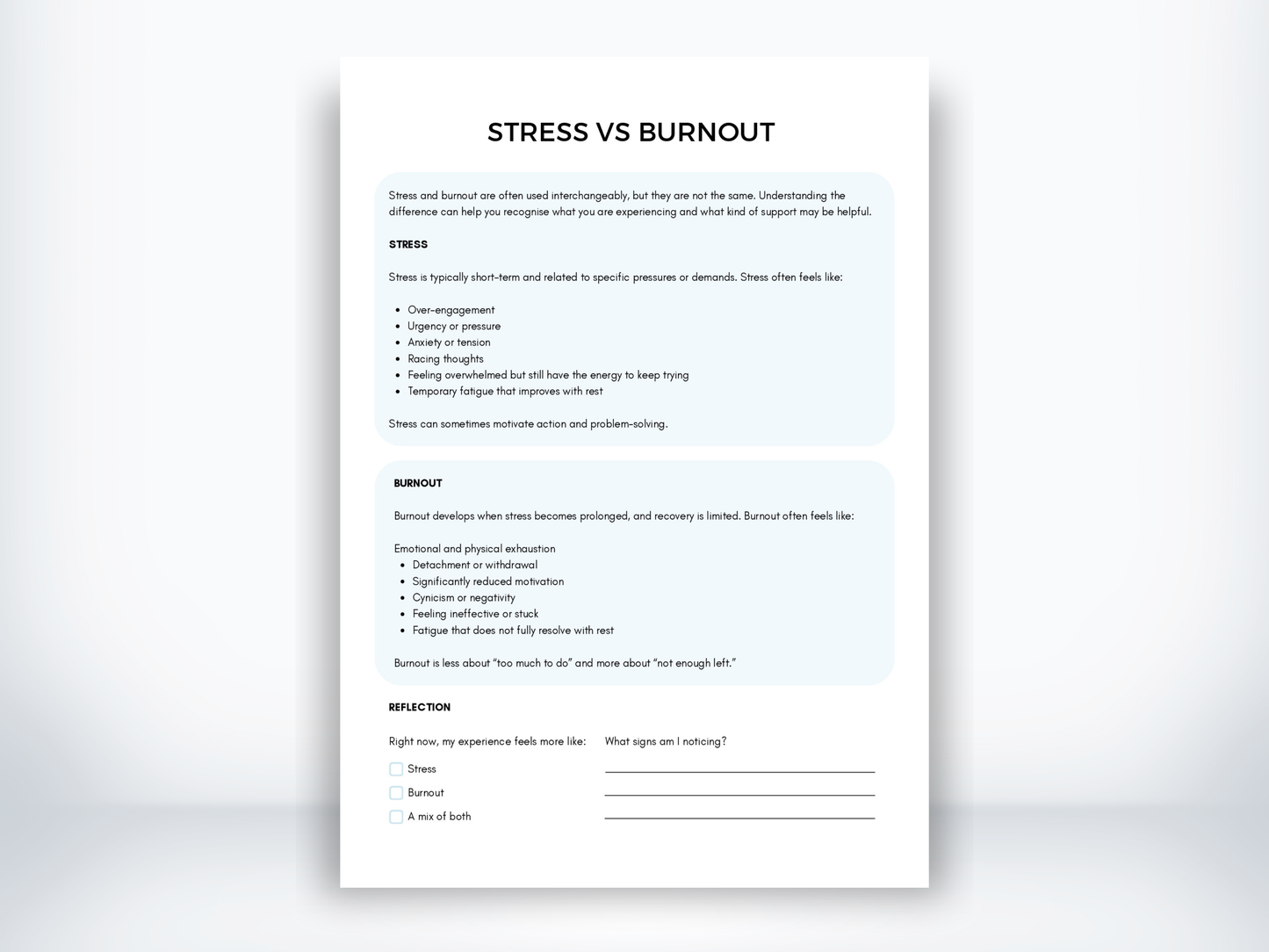 Stress vs Burnout Handout PDF