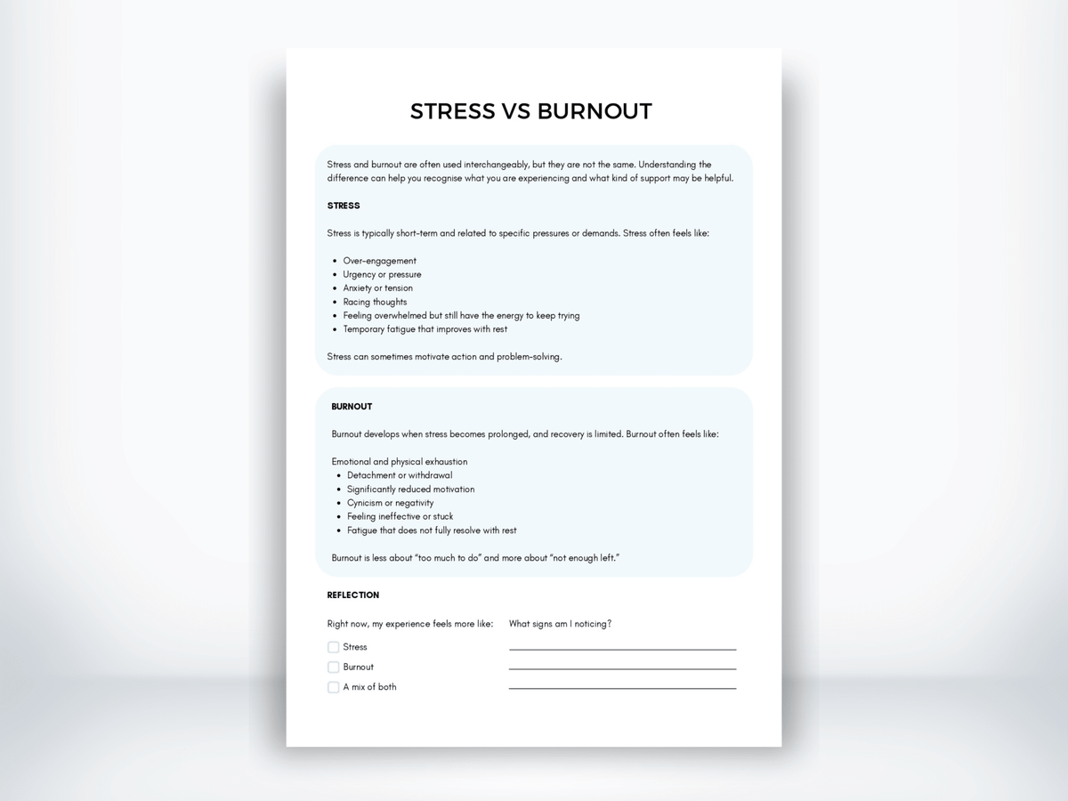 Stress vs Burnout Handout PDF - My Thriving Mind