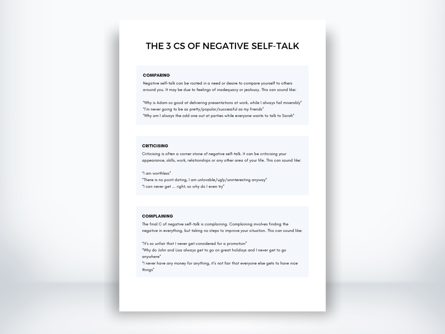The 3 Cs Of Negative Self-Talk Worksheet PDF