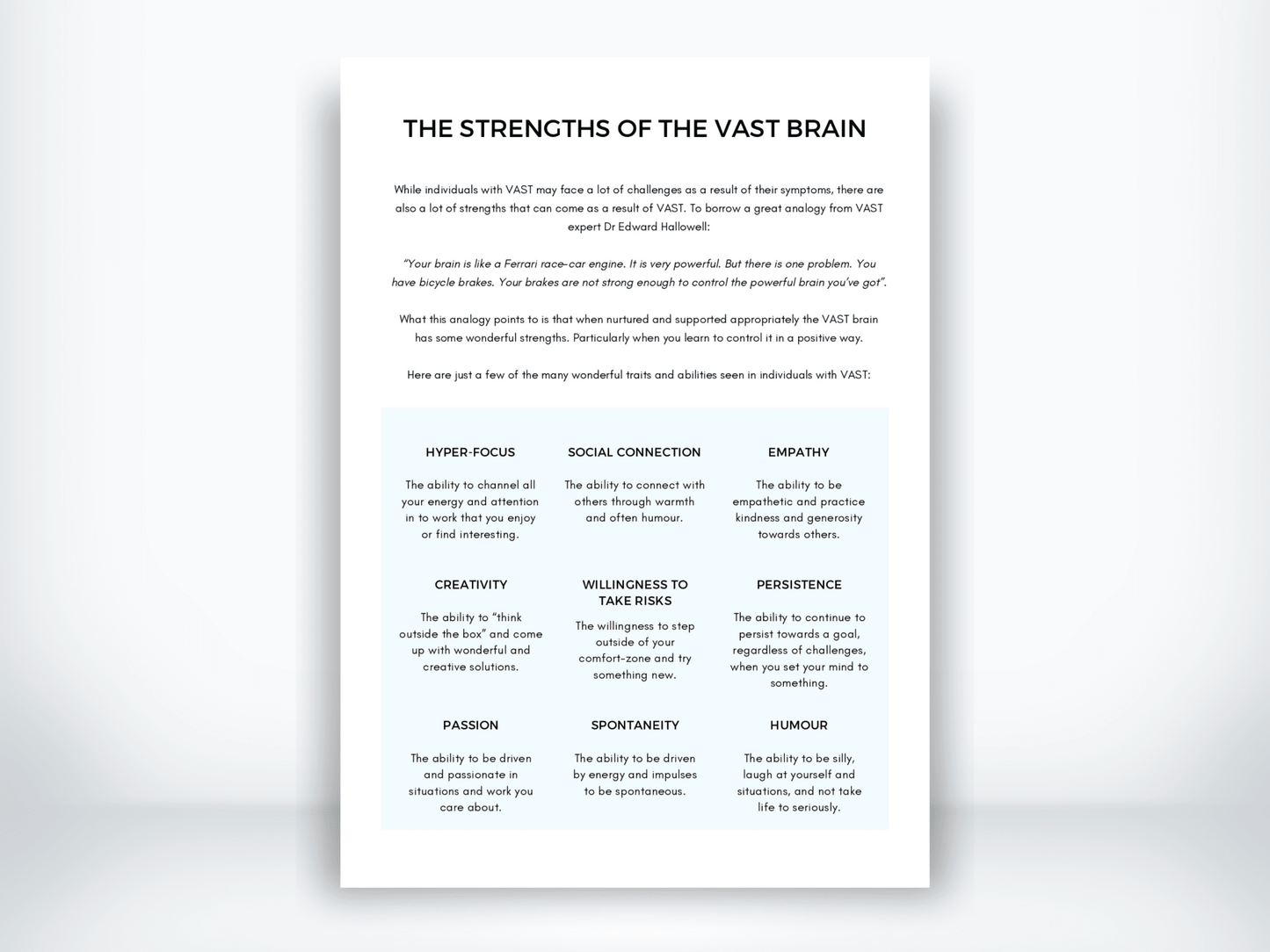 The Strengths Of The VAST Brain Handout PDF - My Thriving Mind
