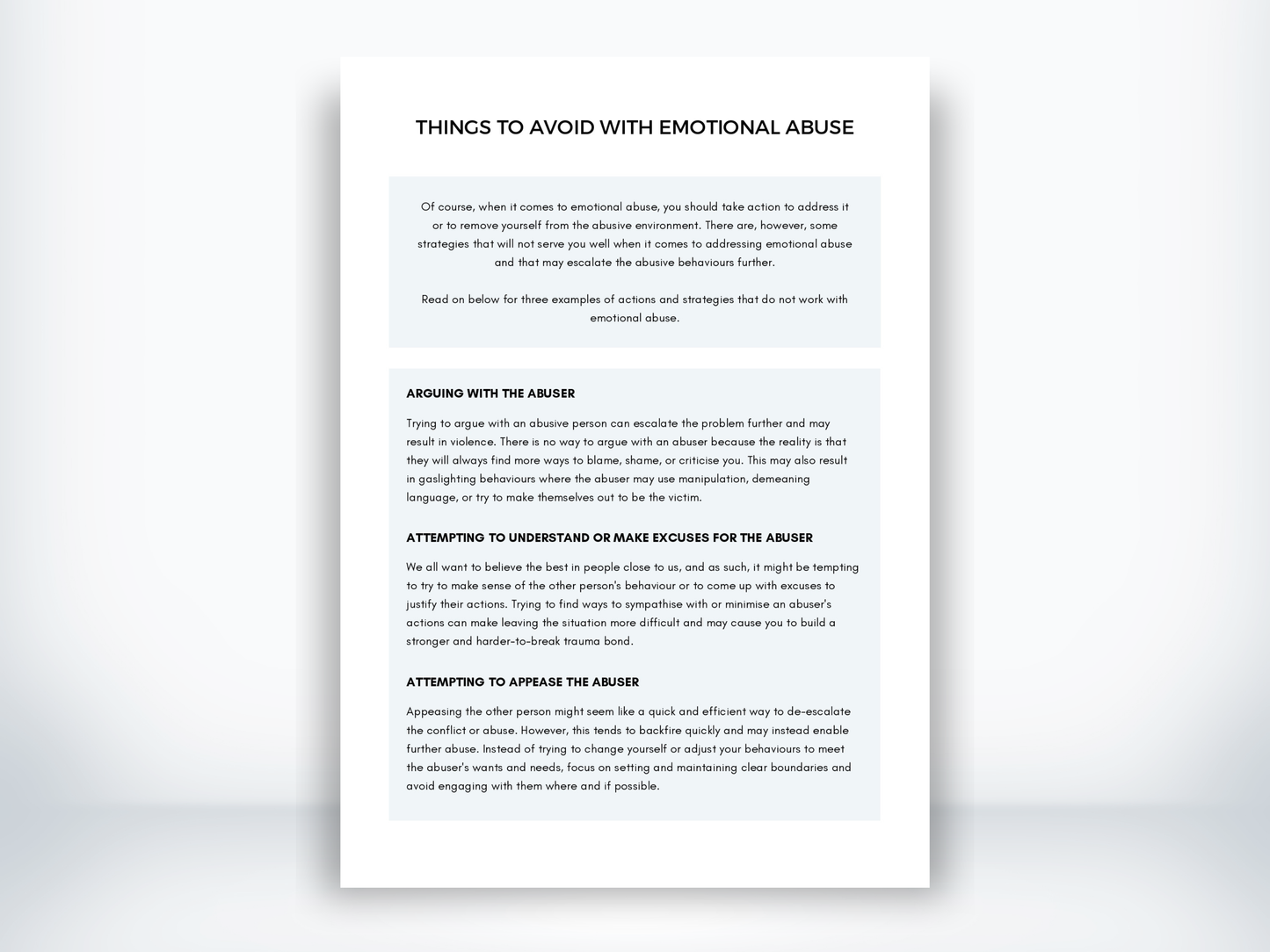 Things To Avoid With Emotional Abuse Handout PDF