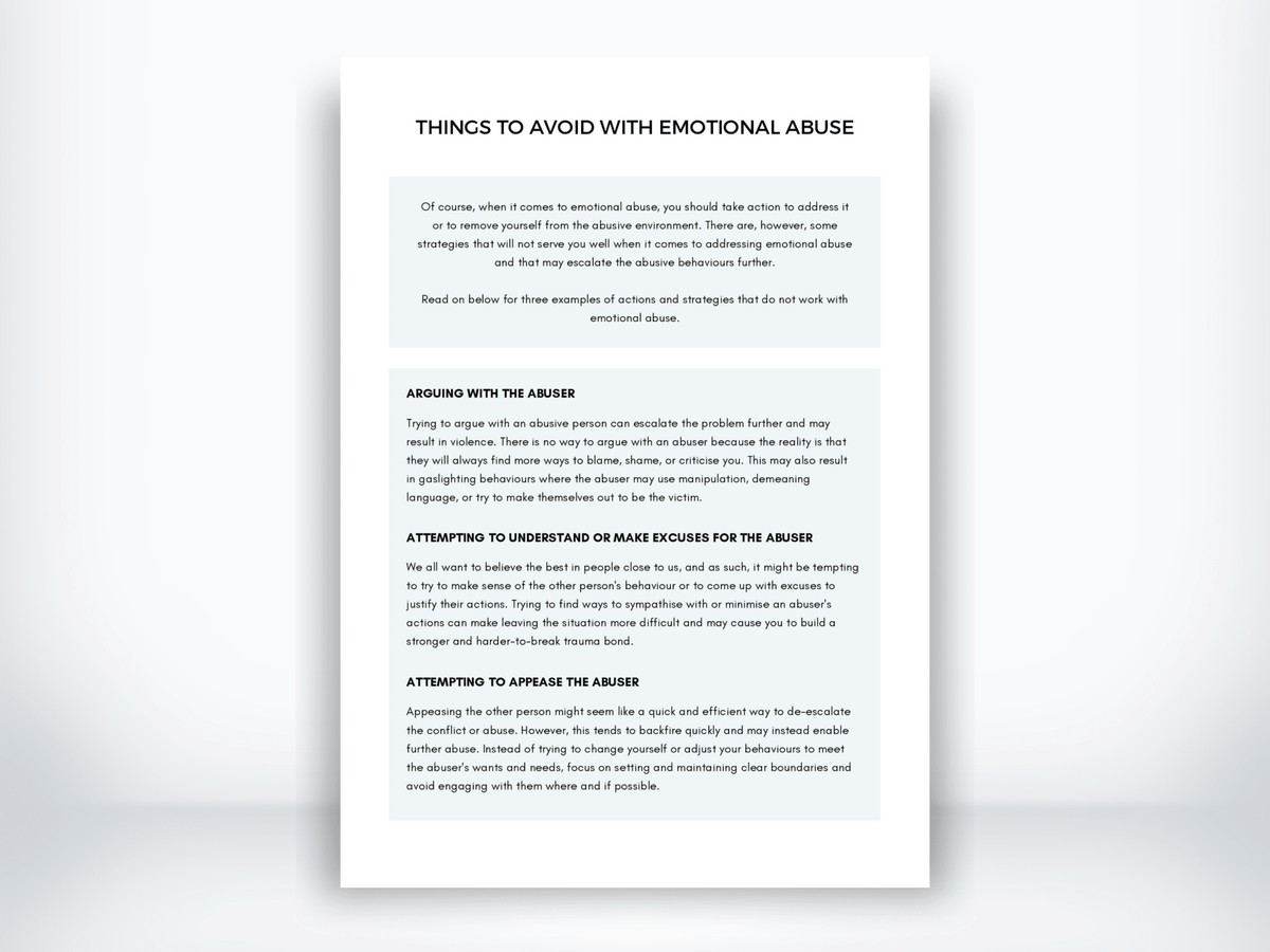 Things To Avoid With Emotional Abuse Handout PDF - My Thriving Mind