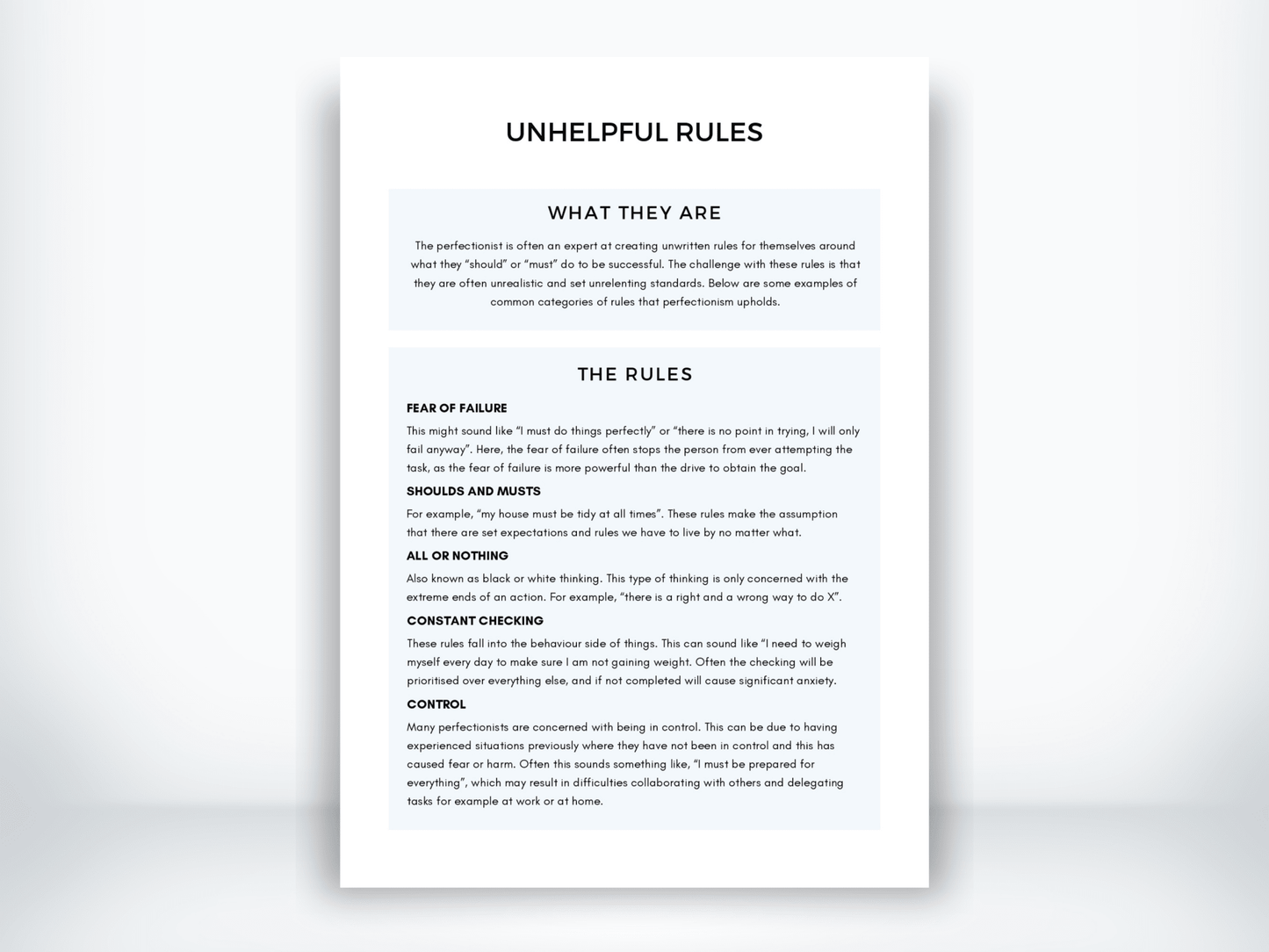 Unhelpful Rules in Perfectionism Handout PDF - My Thriving Mind