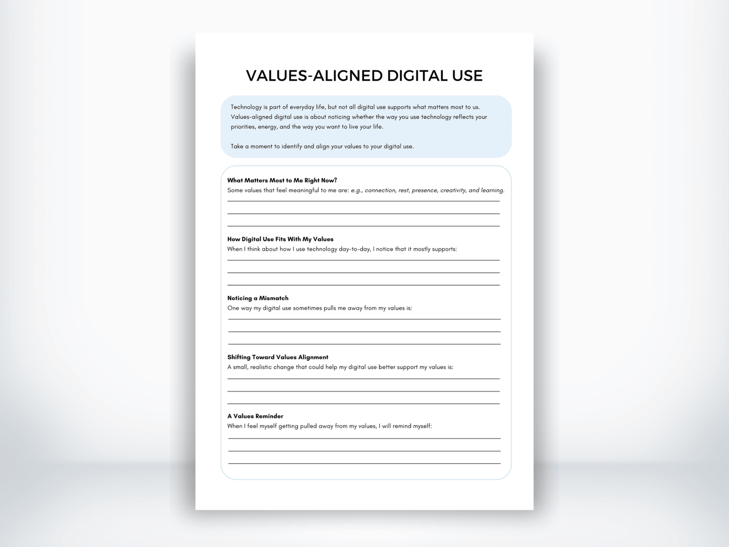 Values-Aligned Digital Use Worksheet PDF - My Thriving Mind