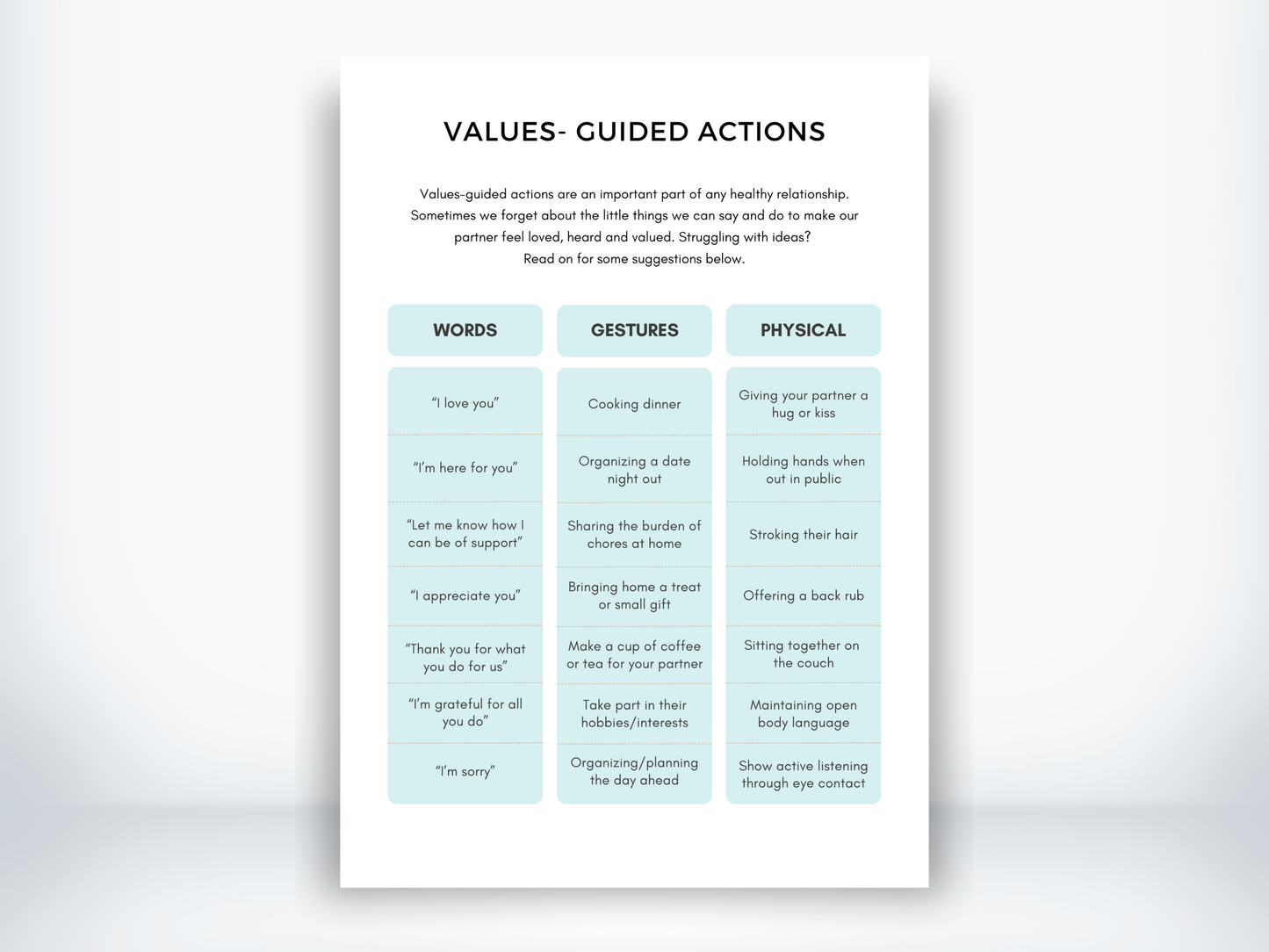 Values Guided Actions Worksheet PDF