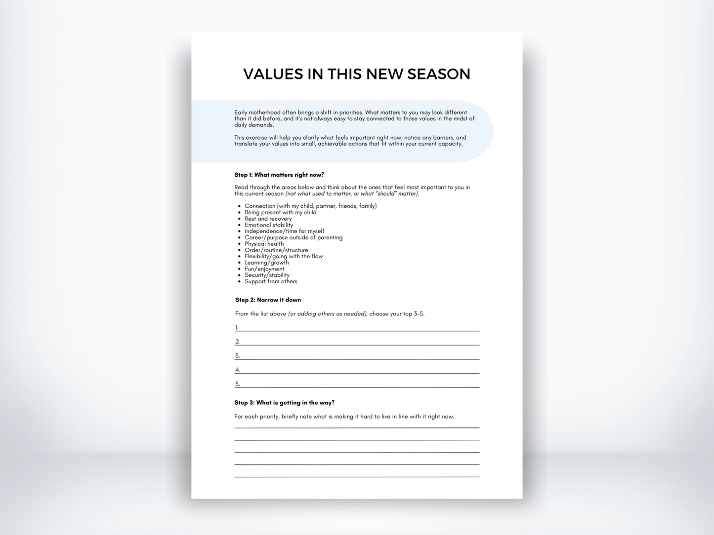 Values In This New Season of Parenthood Worksheet PDF - My Thriving Mind
