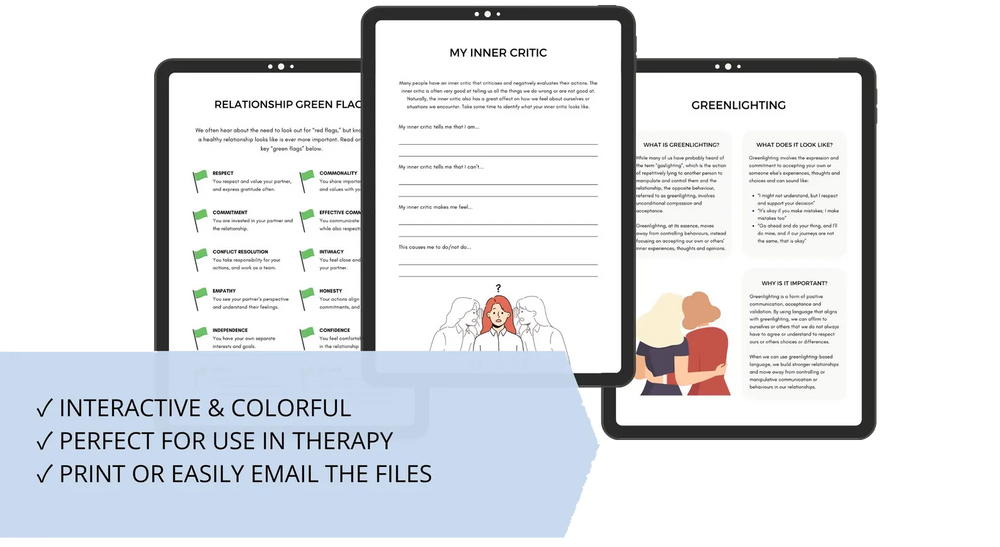 Three tablets displaying My Thriving Mind therapy worksheets on a white background