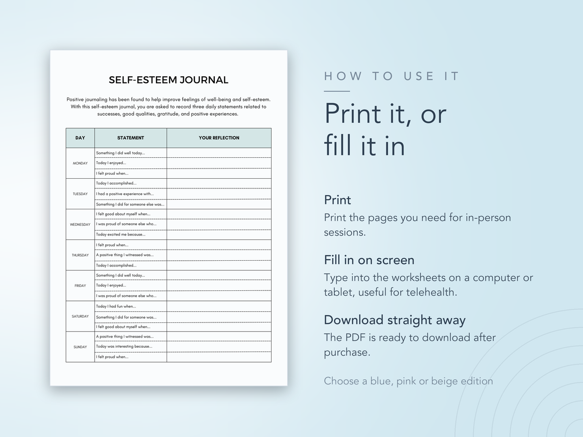 Self-Esteem Journal page, which can be printed or filled in on screen