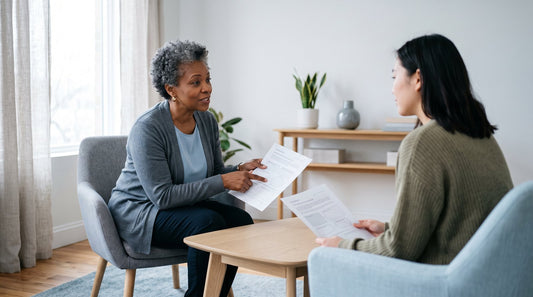 Therapist teaching a DBT skill to a client using a printed worksheet.