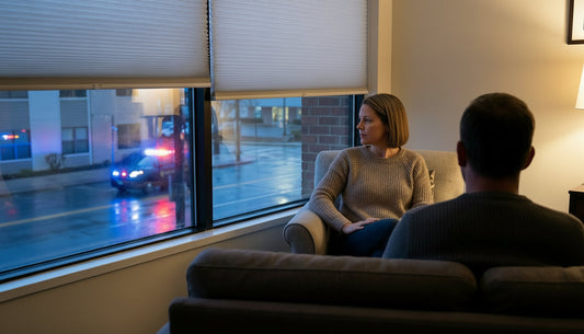 Therapist and client in session. Therapist looks out the window as emergency services arrive.