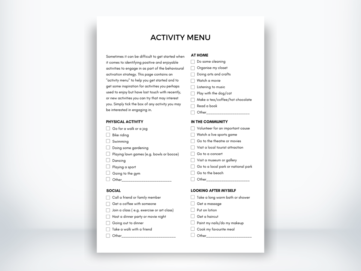 Behavior Menu Examples Activity Menu Behavioural Activation Worksheet | My Thriving Mind