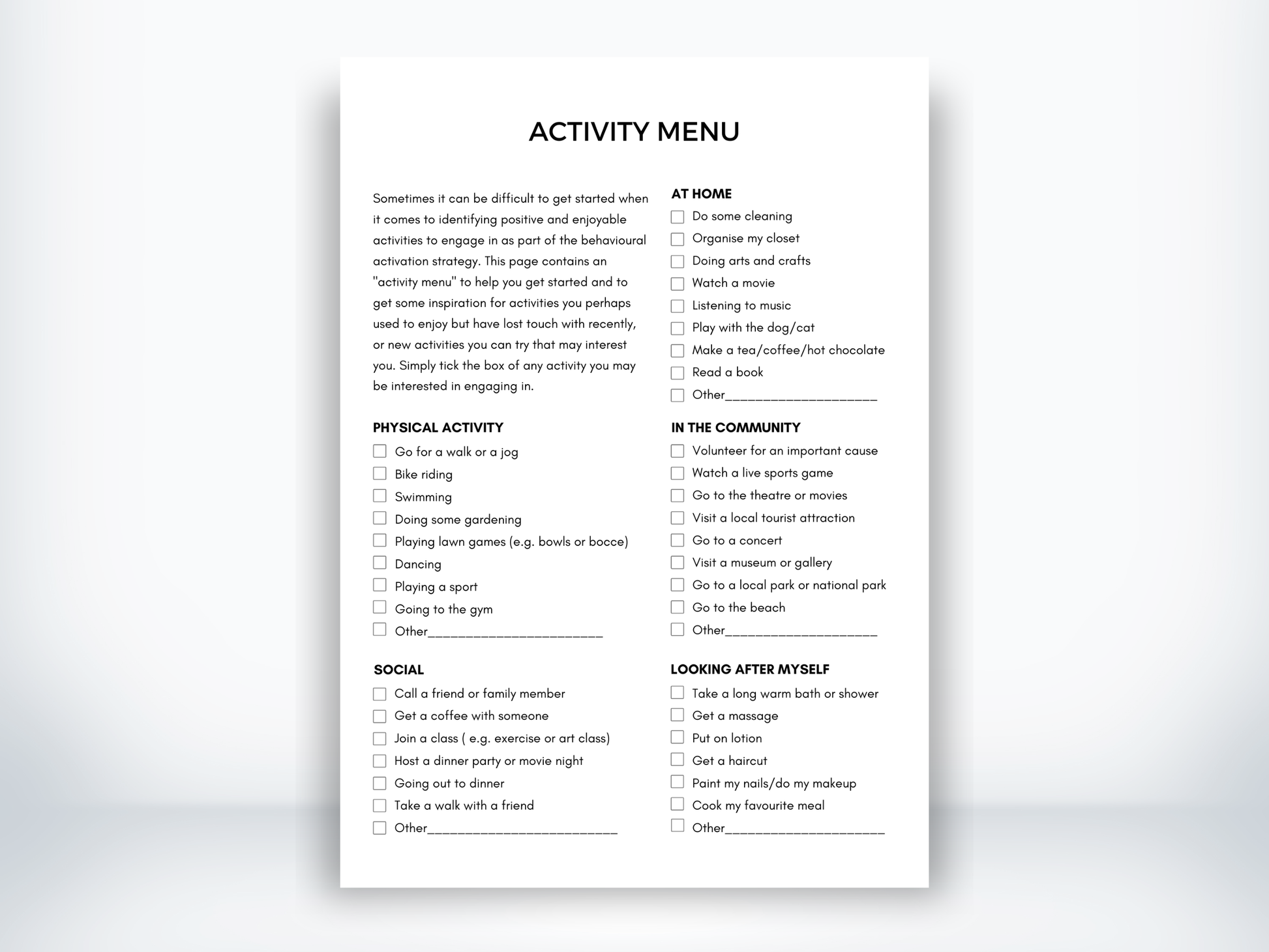 Activity Menu for Managing Overwhelm PDF