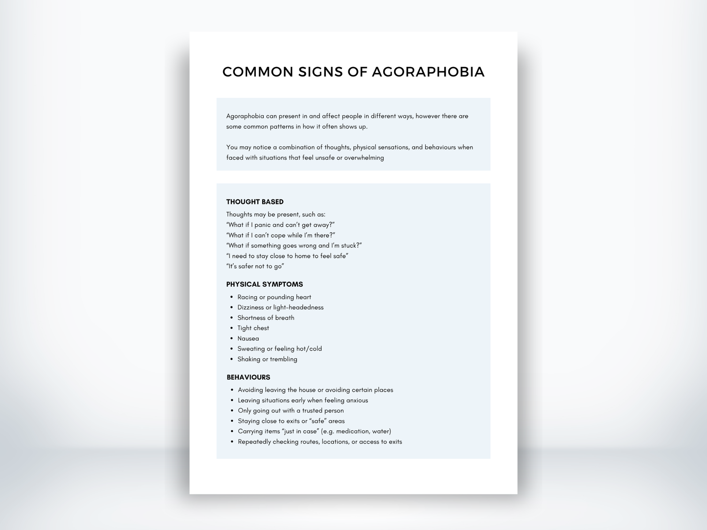 Agoraphobia Symptoms Handout PDF
