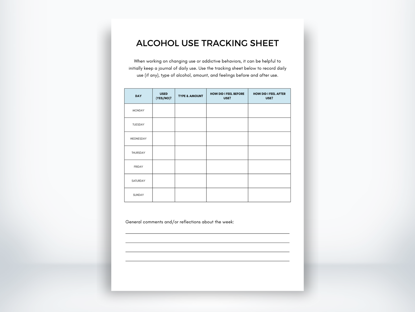Alcohol Use Tracking Sheet PDF