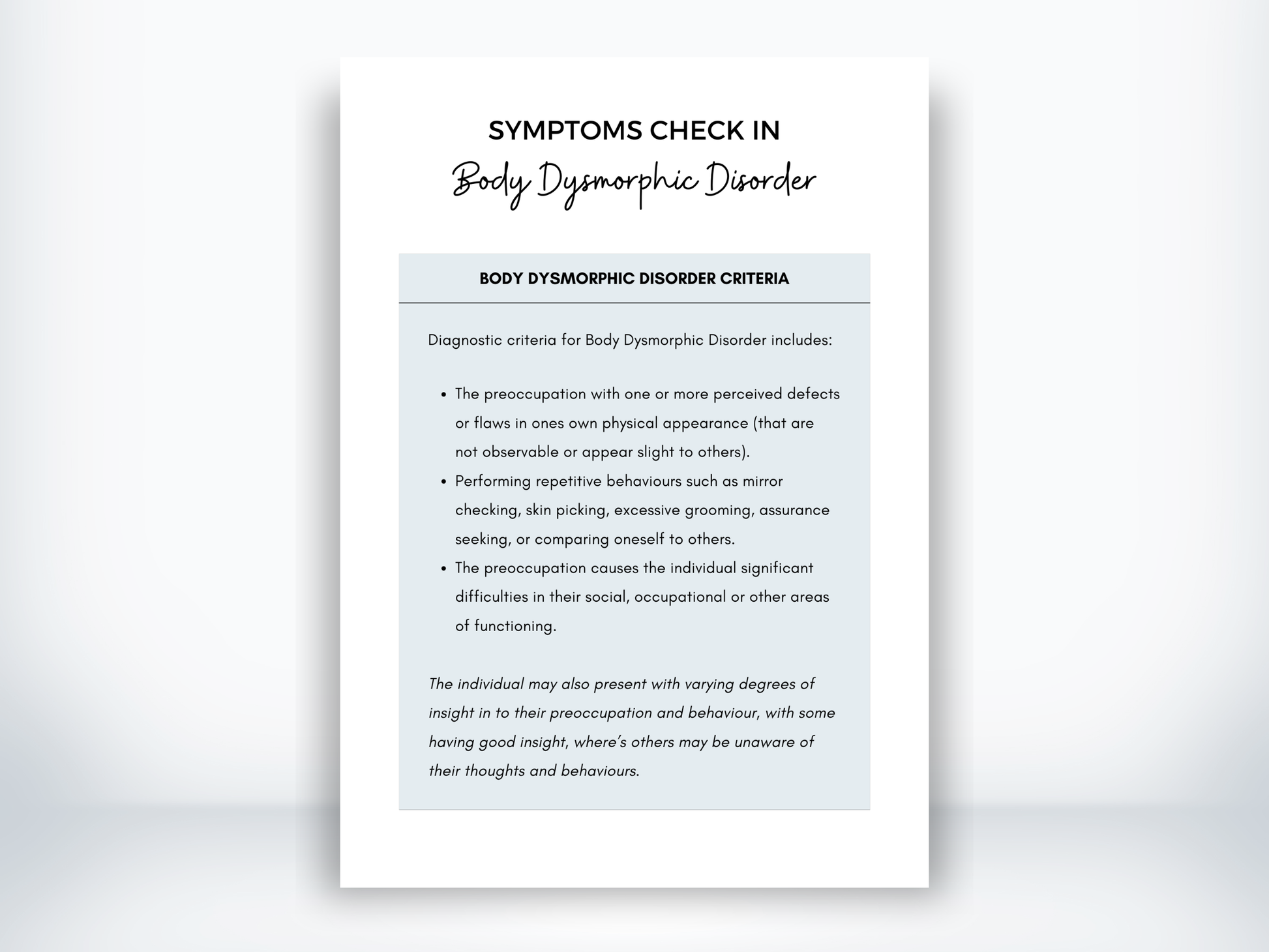 Body Dysmorphia Symptoms PDF