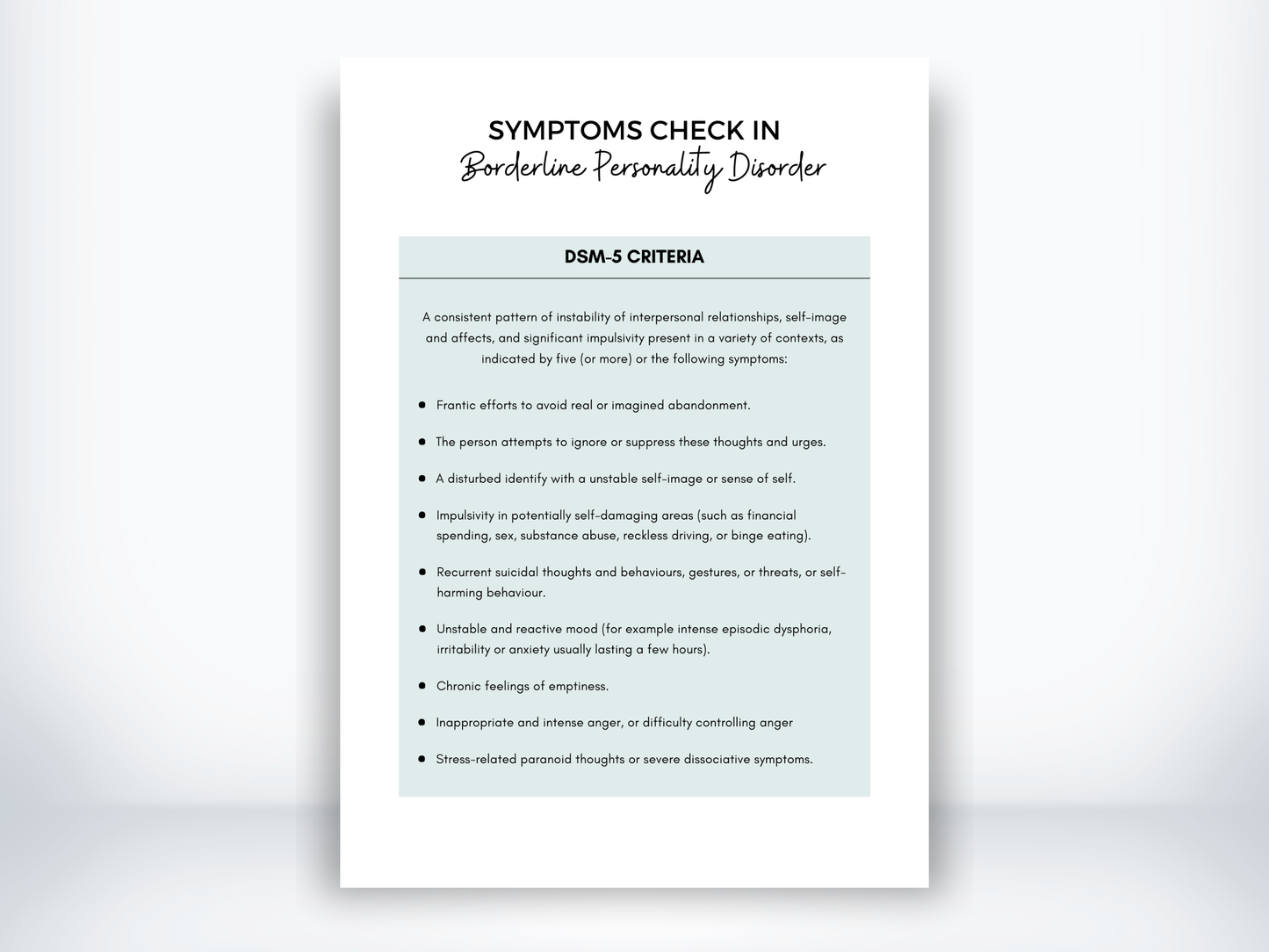 Borderline Personality Disorder Symptoms PDF