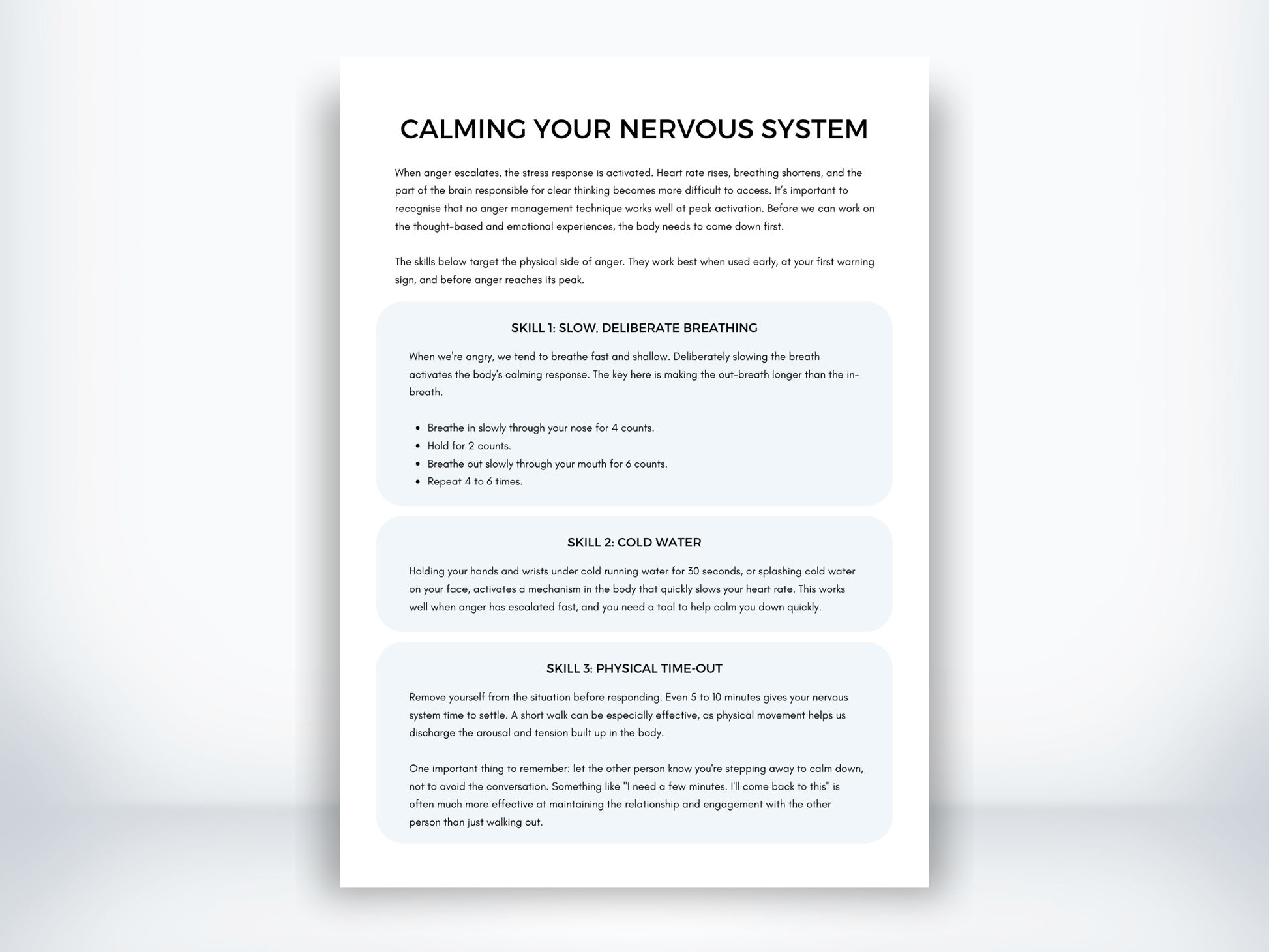 Calming Your Nervous System worksheet outlining three anger management skills: breathing, cold water, and a physical time-out.