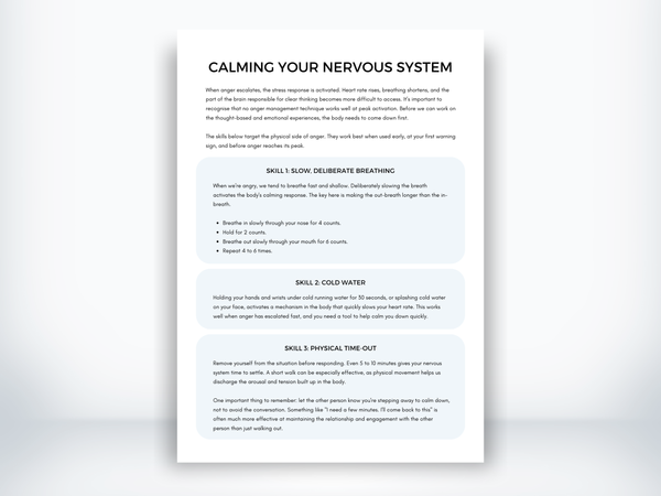 Calming Your Nervous System worksheet outlining three anger management skills: breathing, cold water, and a physical time-out.