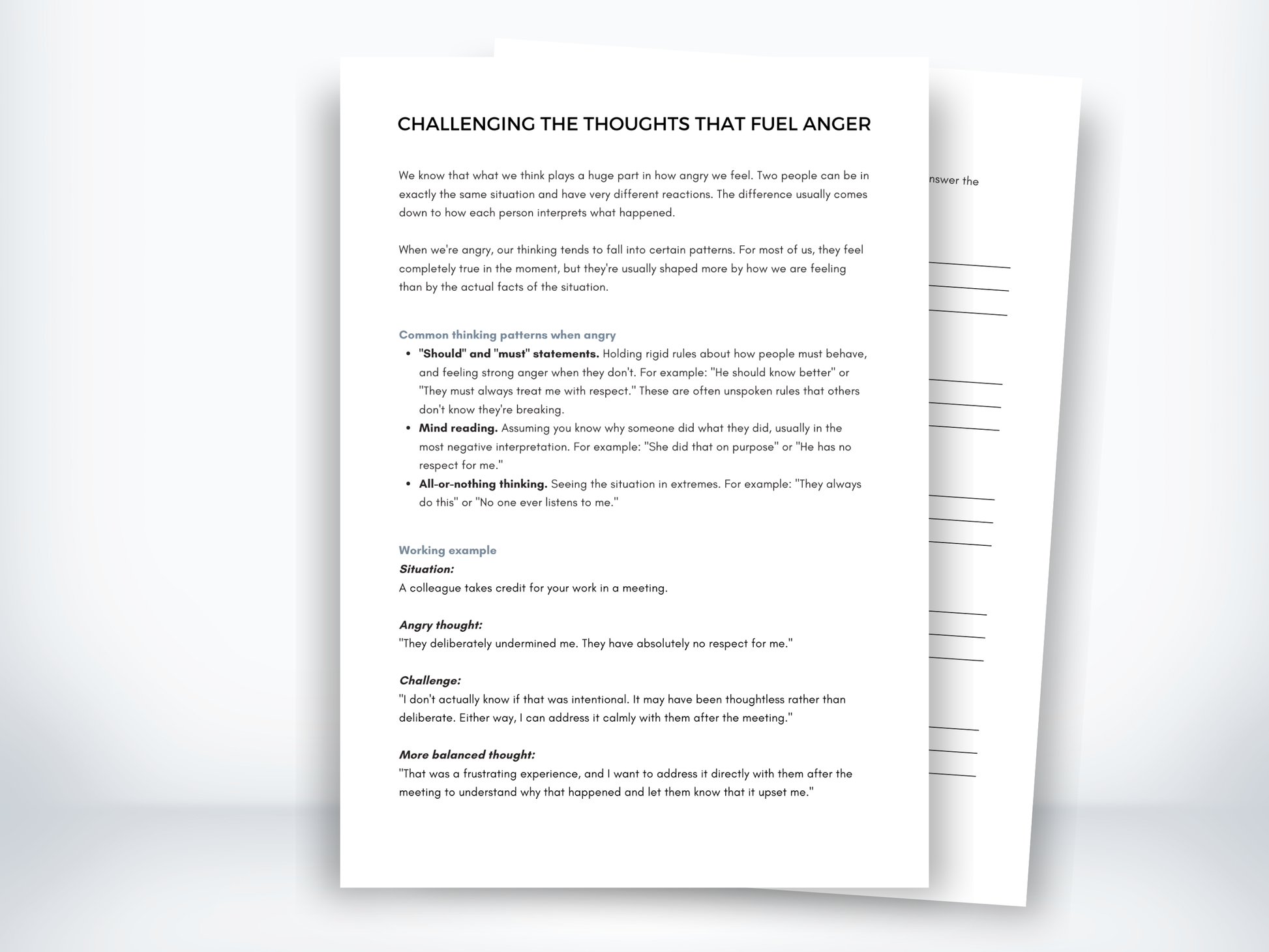 Challenging the Thoughts That Fuel Anger worksheet with common thinking patterns, a worked example, and practice prompts.