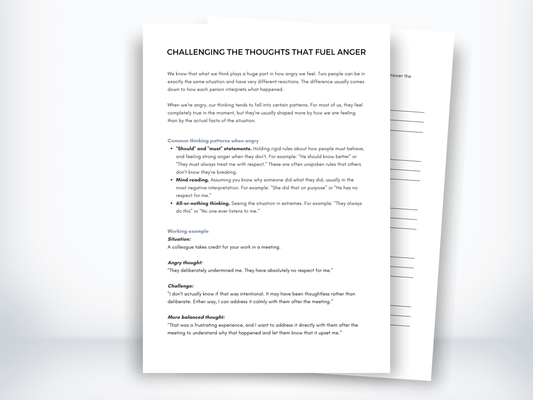 Challenging the Thoughts That Fuel Anger worksheet with common thinking patterns, a worked example, and practice prompts.