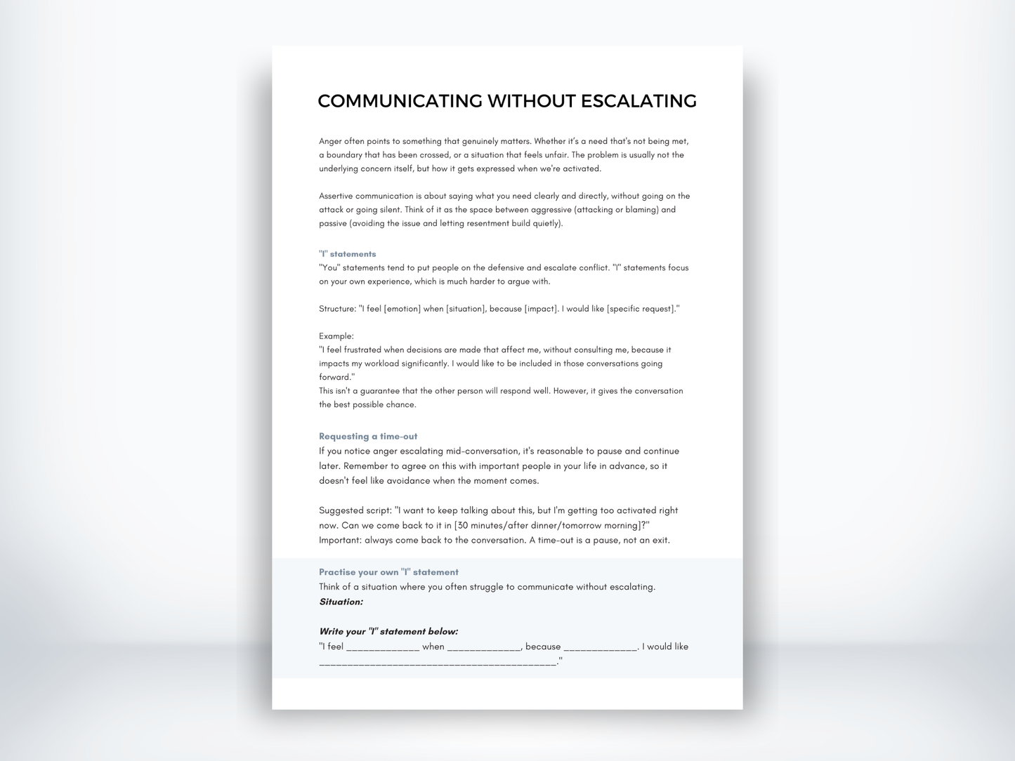 Communicating Without Escalating worksheet explaining assertive "I" statements and time-out scripts with practice space.