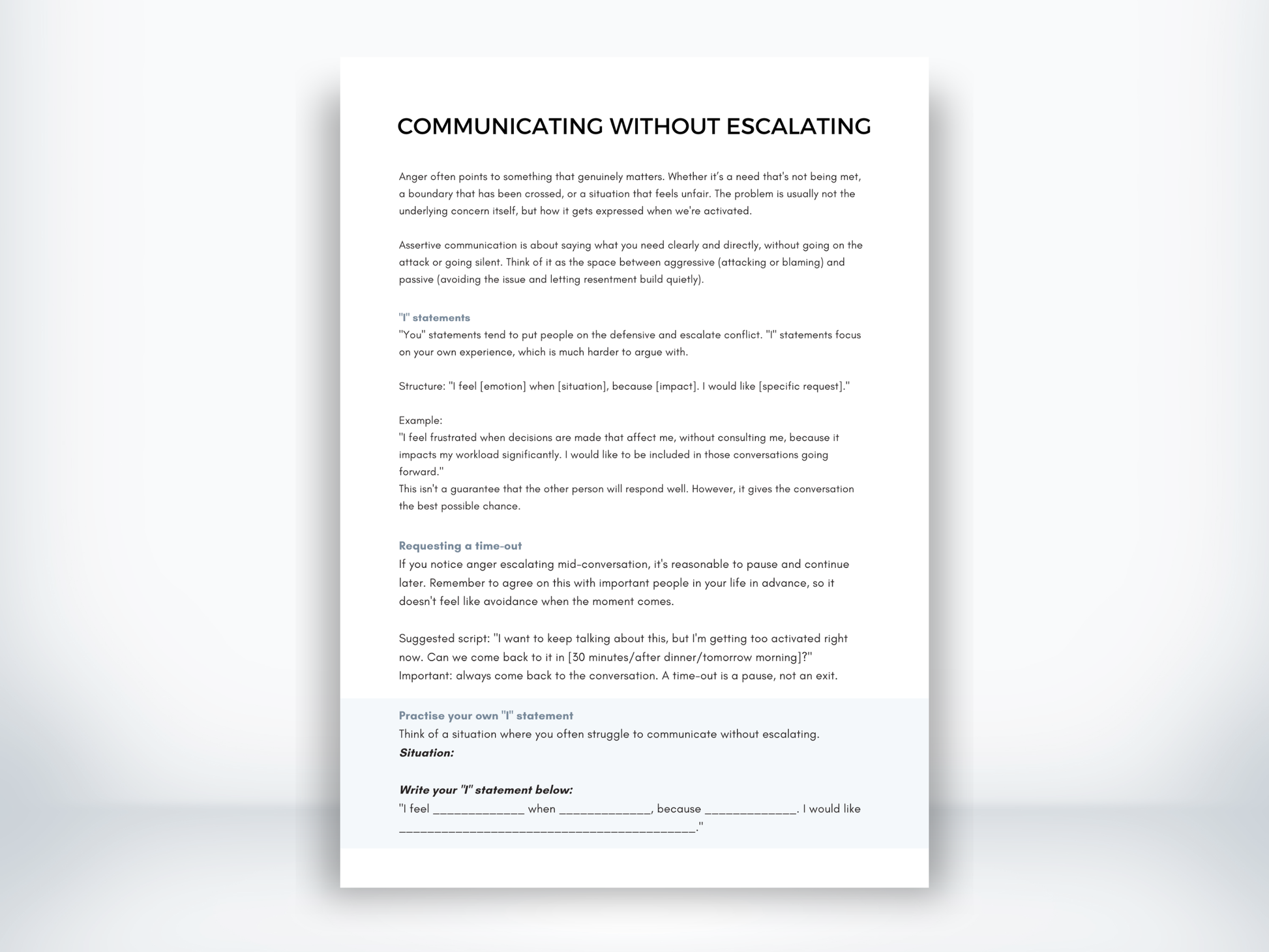 Communicating Without Escalating worksheet explaining assertive "I" statements and time-out scripts with practice space.