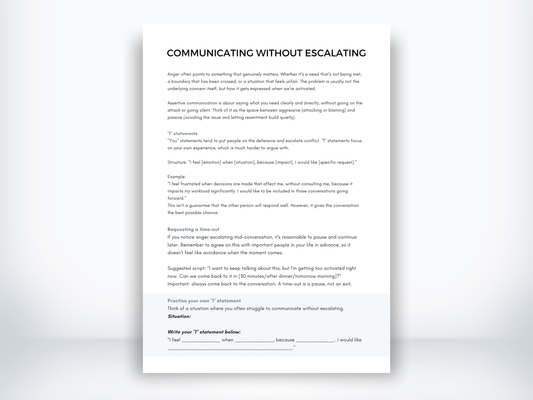 Communicating Without Escalating worksheet explaining assertive "I" statements and time-out scripts with practice space.