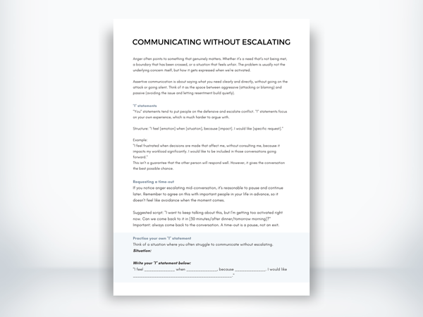Communicating Without Escalating worksheet explaining assertive "I" statements and time-out scripts with practice space.