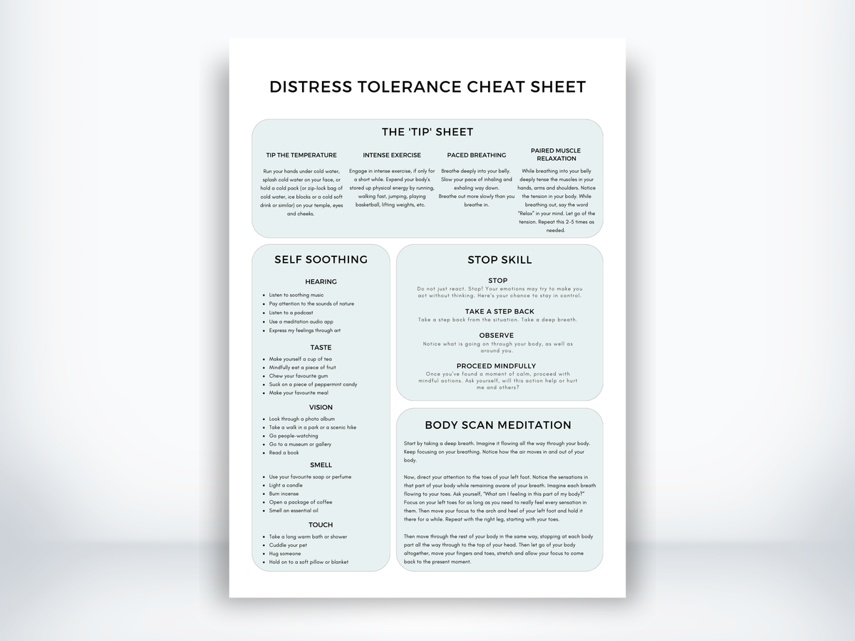 Distress Tolerance Cheat Sheet DBT Worksheet (PDF) | My Thriving Mind