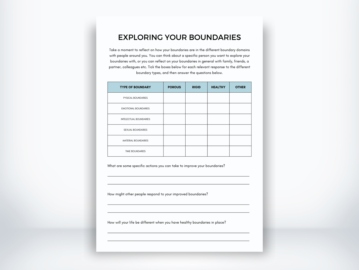 Exploring Your Boundaries Worksheet PDF