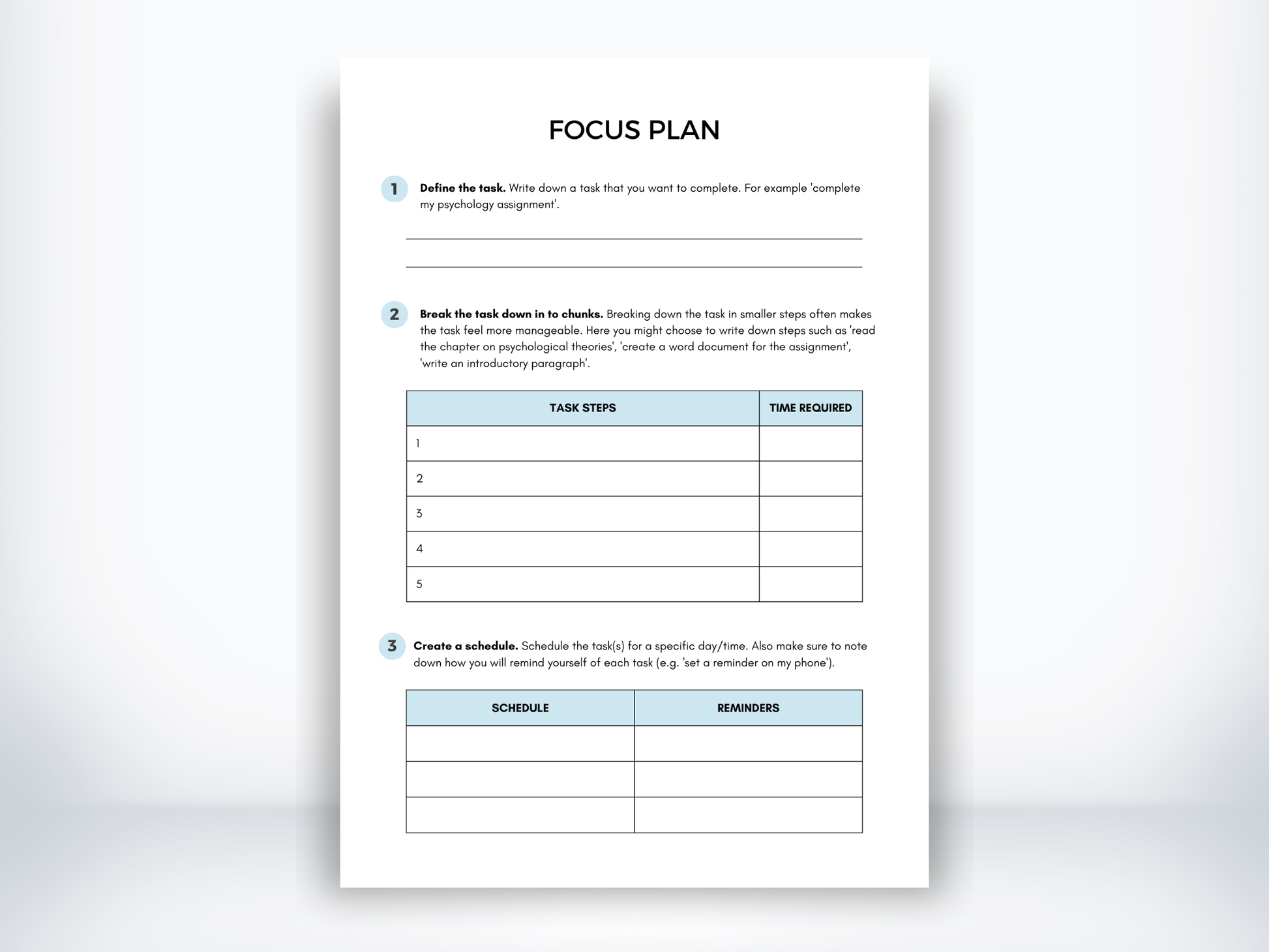 Focus Plan Worksheet PDF