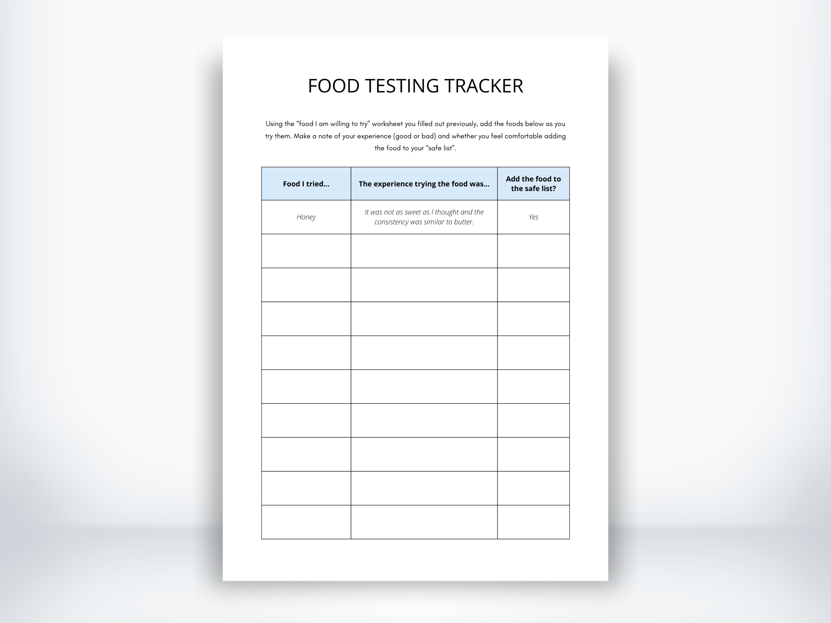 Food Testing Tracker for ARFID Worksheet (PDF) | My Thriving Mind