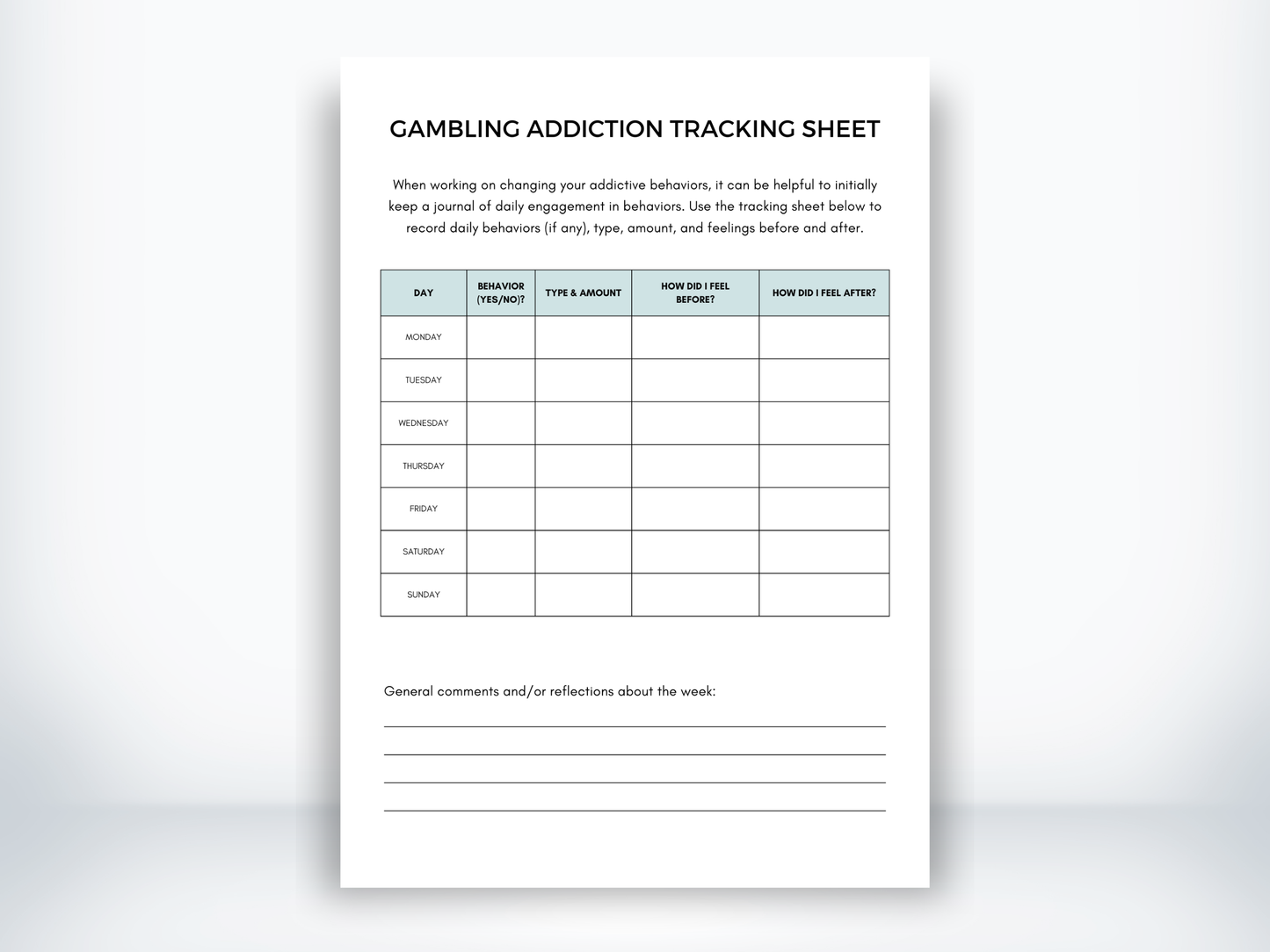 Gambling Addiction Tracking Sheet PDF