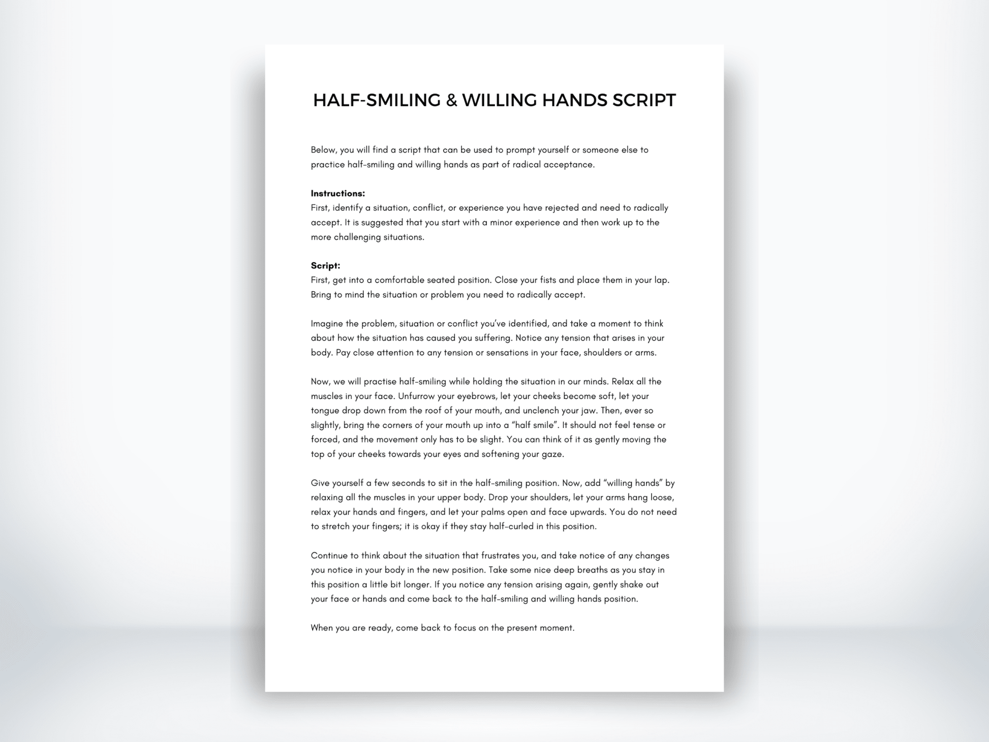 Half - Smiling and Willing Hands Script Radical Acceptance - My Thriving Mind