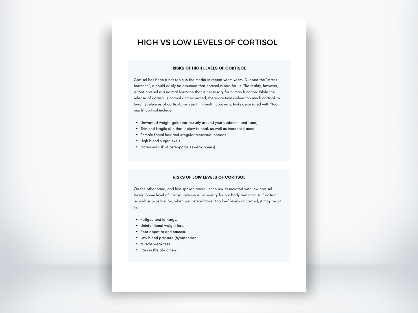 High vs Low Levels Of Cortisol Handout PDF