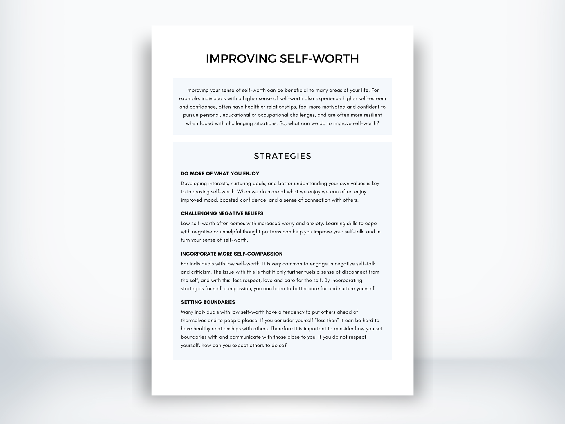 Improving Self-Worth Worksheet PDF