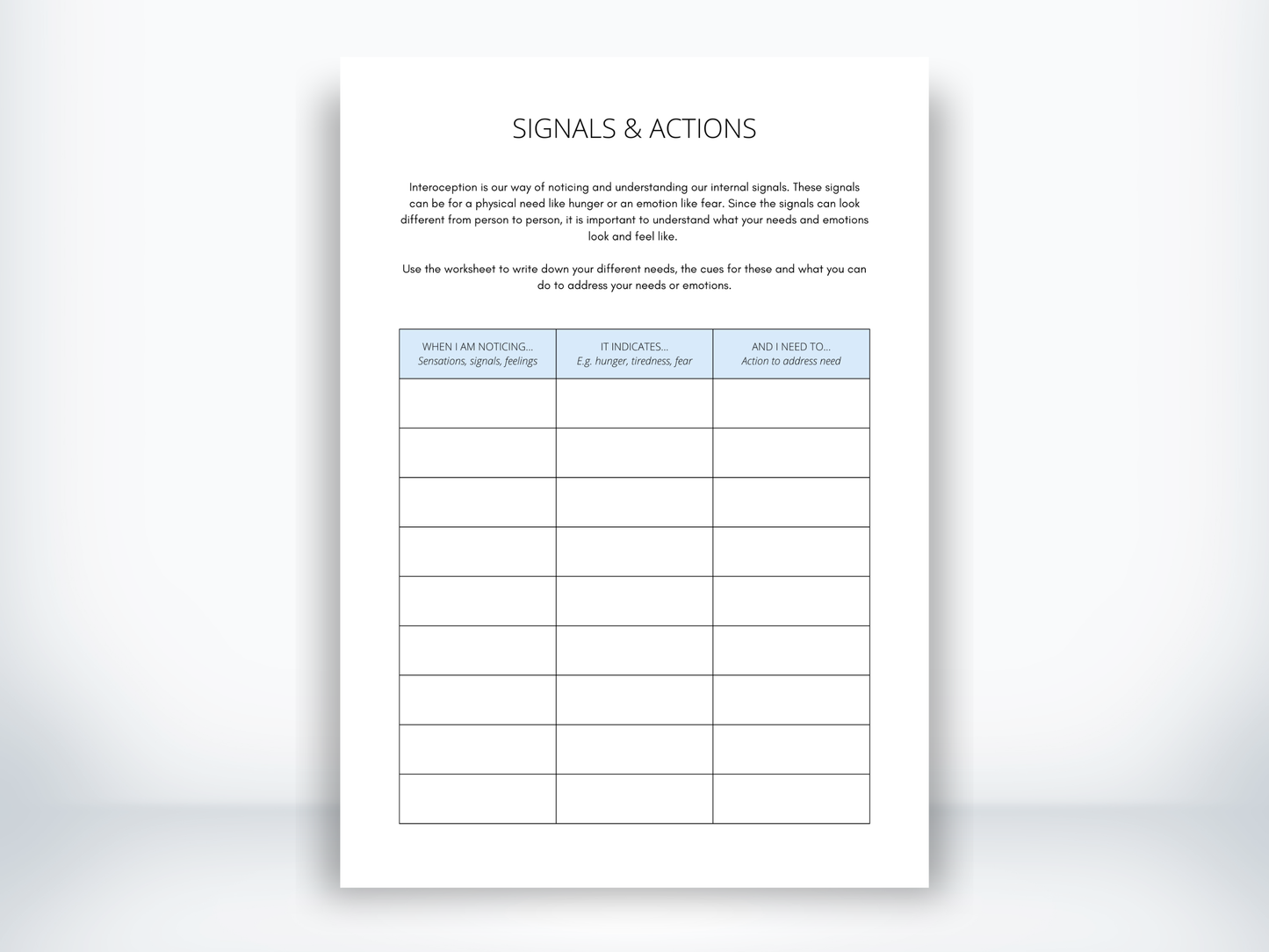 Interoception Signals and Actions Worksheet PDF